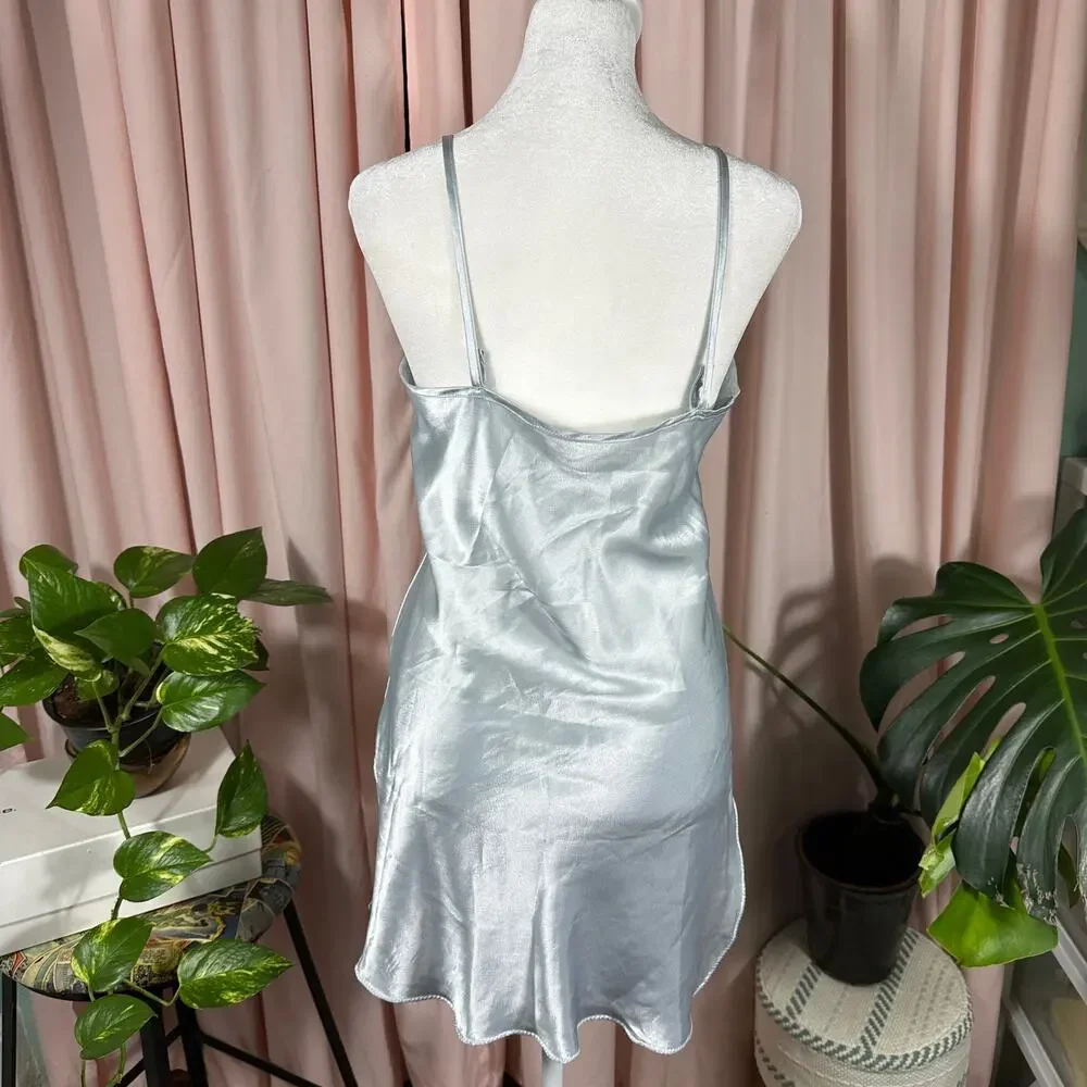 Kirsten Grey Vintage Baby Blue Satin‎ Chemise Slip Dress Lace Small USA Made